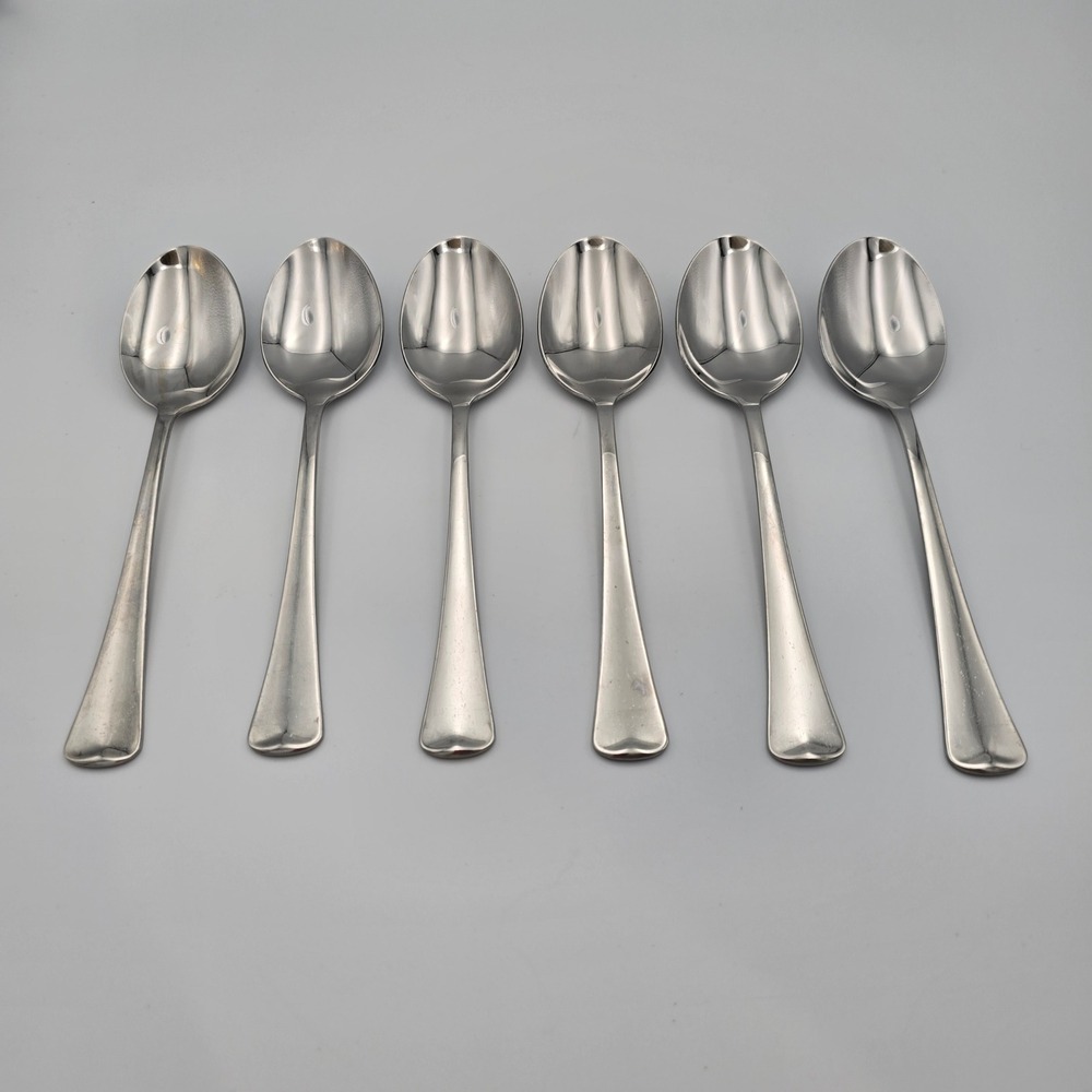 6 Oneida Distinction Stainless No Wings/Wyndham Glossy Oval Soup Spoons USA vtg